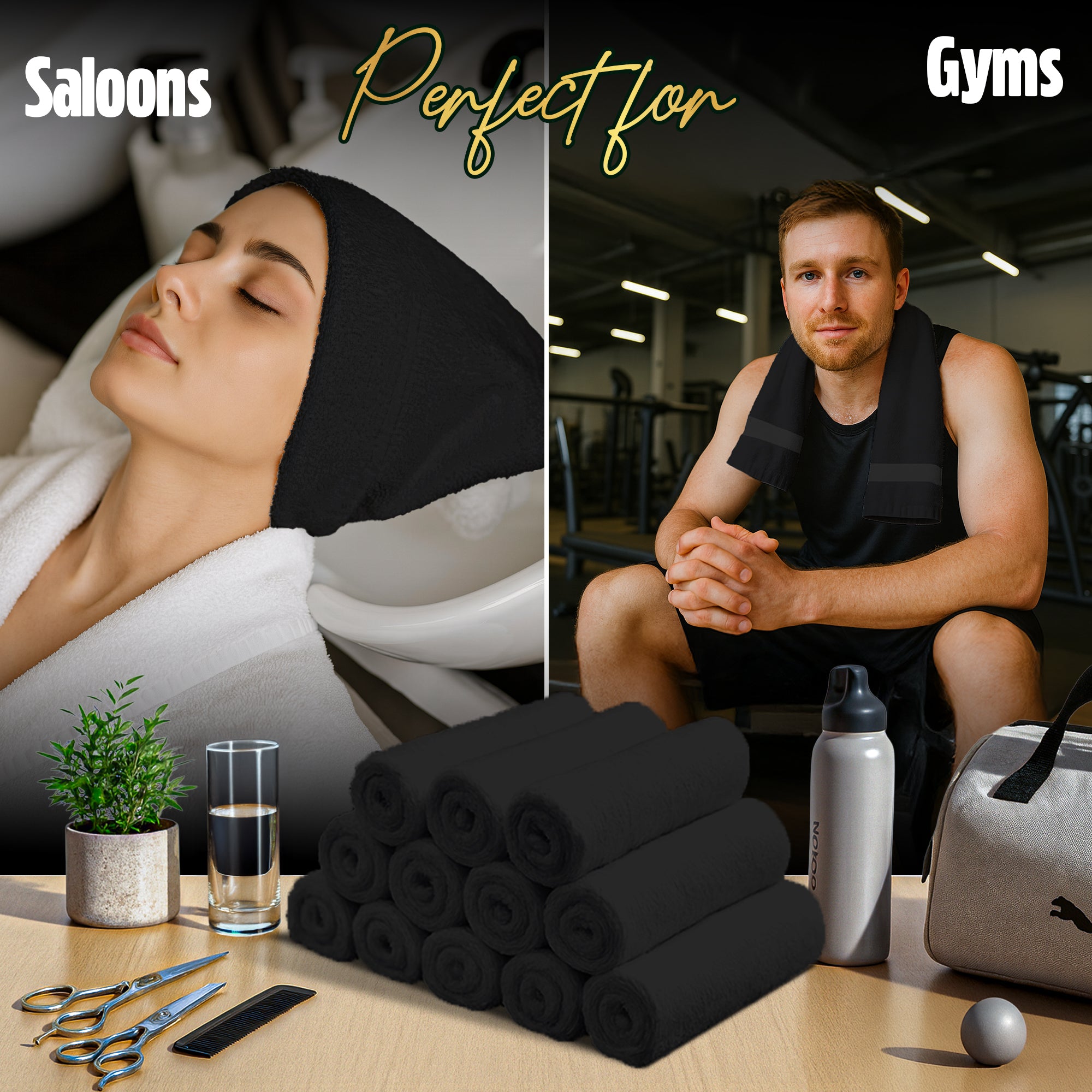Premium Cotton Salon Towel – Soft, Absorbent & Durable – 16x27 Inches – Elegant Black